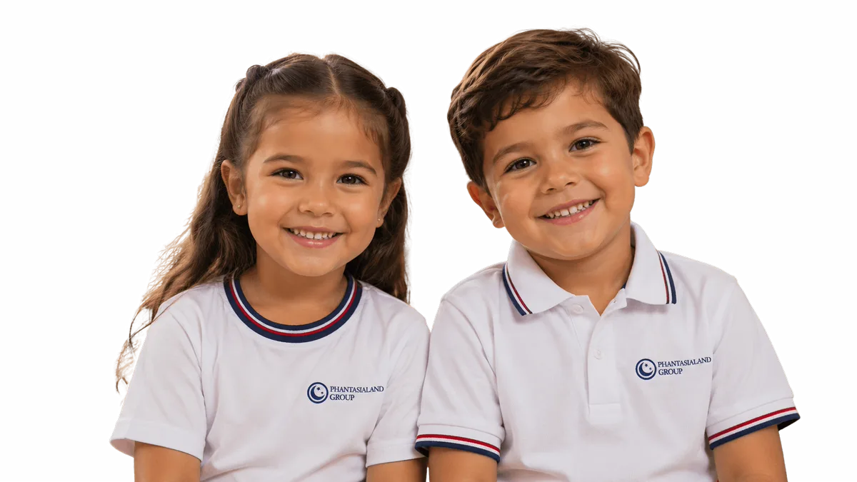 Duas crianças sorrindo com o uniforme da Phantasialand