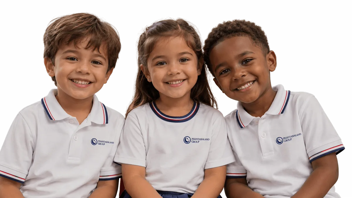 Três crianças sorrindo com o uniforme da Phantasialand